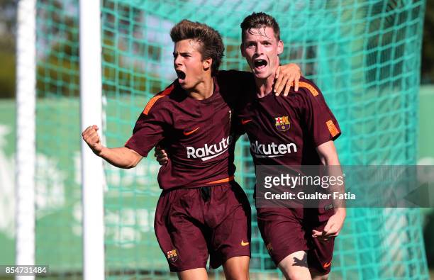 Barcelona Sergio Gomez celebrates with teammate FC Barcelona Ricard Puig after scoring a goal during the UEFA Youth League match between Sporting CP...