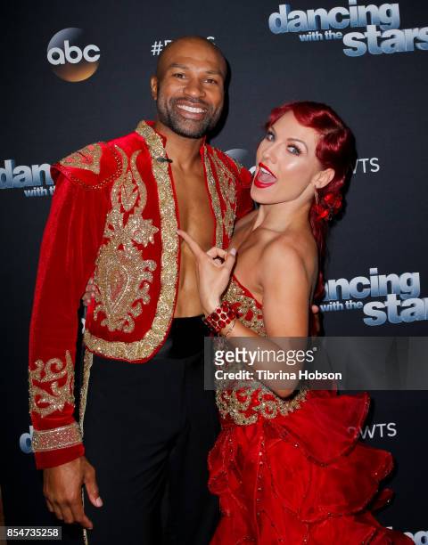Derek Fisher and Sharna Burgess attend 'Dancing With The Stars' season 25 taping at CBS Televison City on September 26, 2017 in Los Angeles,...