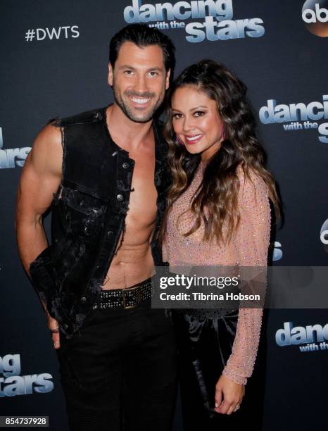 Maks Chmerkovskiy and Vanessa Lachey attend 'Dancing With The Stars' season 25 taping at CBS Televison City on September 26, 2017 in Los Angeles,...