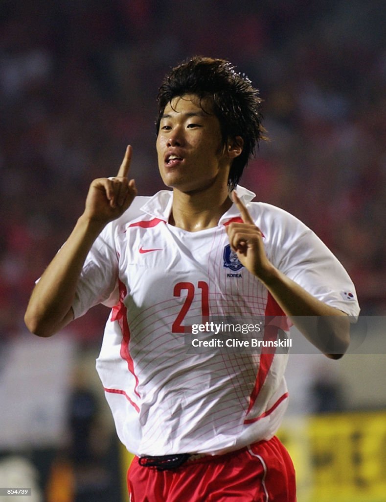 Ji Sung Park of South Korea celebrates scoring the winning goal