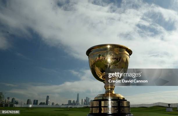 The Presidents Cup Trophy on display during practice for the 2017 Presidents Cup at the Liberty Natioanl Golf Club on September 27, 2017 in Jersey...