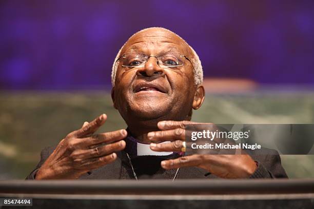 Archbishop Desmond Tutu speaks at the Millennium Development Goals Awards concert in the United Nations' General Assembly Hall on March 17, 2009 in...