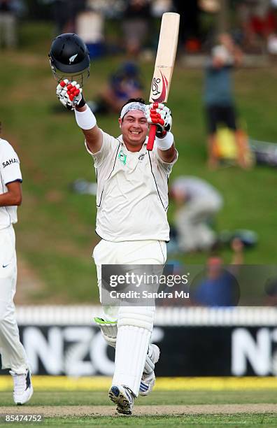 Jesse Ryder of New Zealand celebreates his first test century during day one of the First Test match between New Zealand and India at Seddon Park on...