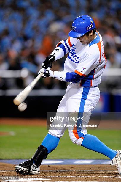 Hyun Soo Kim of Korea swings at a pitch from Japan during the 2009 World Baseball Classic Round 2 Pool 1 Game 4 on March 17, 2009 at Petco Park in...