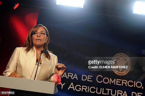 Panamanian presidential candidate Balbina Herrera of the Partido Revolucionario Democratico participates in a debate with opponent Ricardo Martinelli...