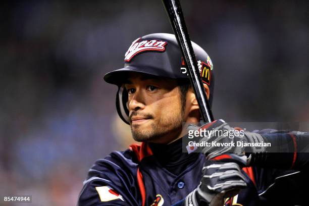 Ichiro Suzuki of Japan waits for a pitch from Korea during the 2009 World Baseball Classic Round 2 Pool 1 Game 4 on March 17, 2009 at Petco Park in...