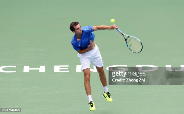 Albert Ramos-Vinolas of Spain serves during the match against Dusan Lajovic of Serbia during Day 3 of 2017 ATP Chengdu Open at Sichuan International...