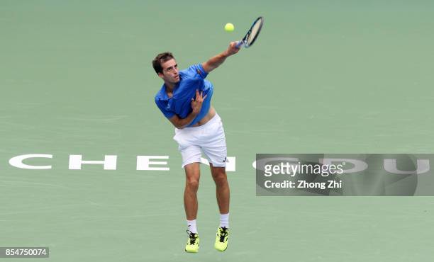 Albert Ramos-Vinolas of Spain serves during the match against Dusan Lajovic of Serbia during Day 3 of 2017 ATP Chengdu Open at Sichuan International...