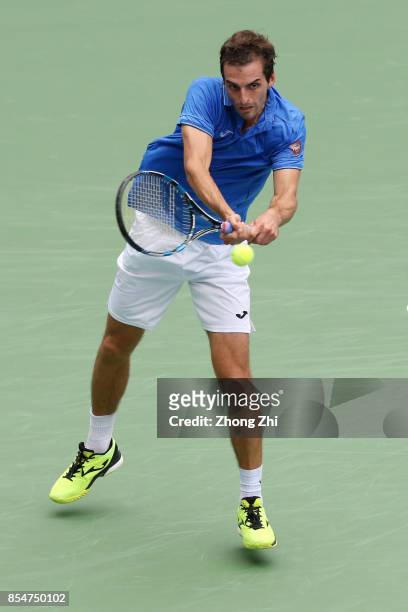 Albert Ramos-Vinolas of Spain returns a shot during the match against Dusan Lajovic of Serbia during Day 3 of 2017 ATP Chengdu Open at Sichuan...