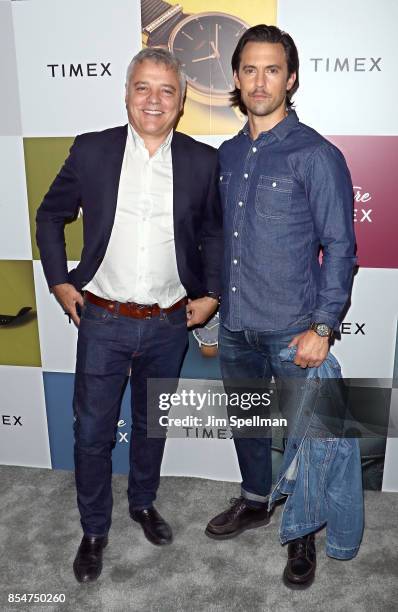 Design director Giorgio Galli and actor Milo Ventimiglia attend the We Are Timex Fall 2017 Collection launch at Lightbox on September 25, 2017 in New...