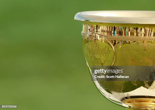 Detailed view of the Presidents Cup trophy is seen on the range prior to the start of the Presidents Cup at Liberty National Golf Club on September...