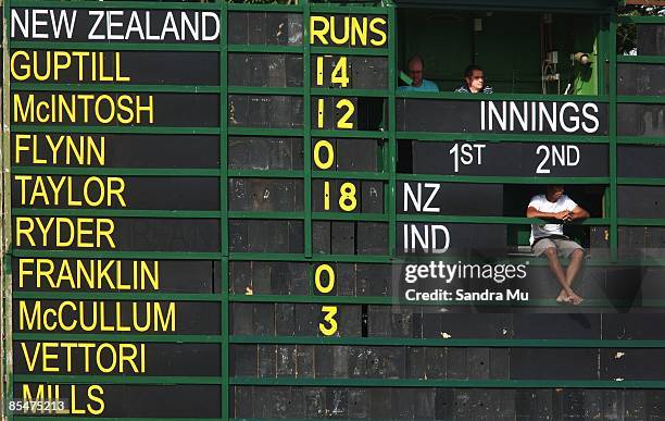 The old scoreboard shows the low amount of runs scored by New Zealand during day one of the First Test match between New Zealand and India at Seddon...