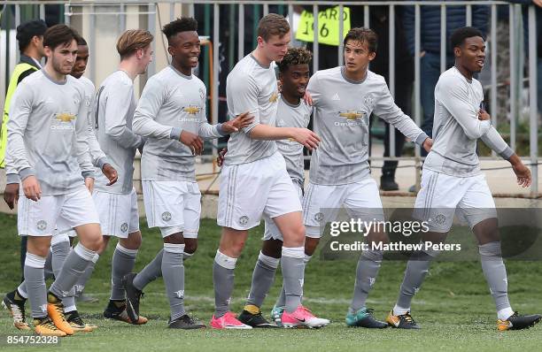 Angel Gomes of Manchester United U19s celebrates scoring their second goal during the UEFA Youth League match between CSKA Moskva U19s and Manchester...