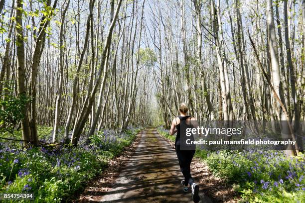 mid adult lady running though bluebell woods - petworth stock pictures, royalty-free photos & images