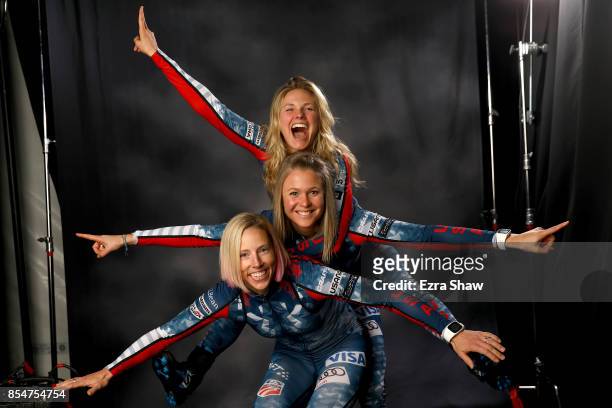 Cross-Country Skiers Kikkan Randall, Sadie Bjornsen and Jessie Diggins pose for a portrait during the Team USA Media Summit ahead of the PyeongChang...