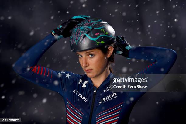 Speedskater Katherine Reutter-Adamek poses for a portrait during the Team USA Media Summit ahead of the PyeongChang 2018 Olympic Winter Games on...