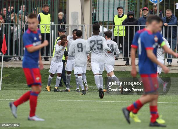 Angel Gomes of Manchester United U19s celebrates scoring their second goal during the UEFA Youth League match between CSKA Moskva U19s and Manchester...