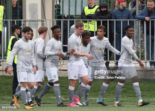 Angel Gomes of Manchester United U19s celebrates scoring their second goal during the UEFA Youth League match between CSKA Moskva U19s and Manchester...