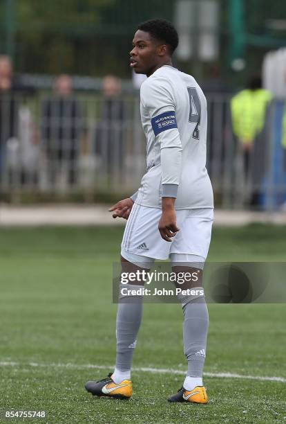 Tyrell Warren of Manchester United U19s in action during the UEFA Youth League match between CSKA Moskva U19s and Manchester United U19s at Oktyabr...