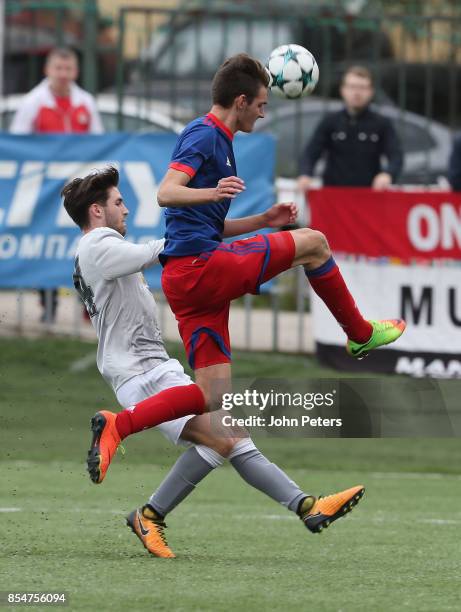 Aidan Barlow of Manchester United U19s in action during the UEFA Youth League match between CSKA Moskva U19s and Manchester United U19s at Oktyabr...