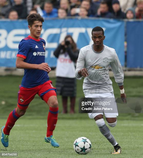 Josh Bohui of Manchester United U19s in action during the UEFA Youth League match between CSKA Moskva U19s and Manchester United U19s at Oktyabr...