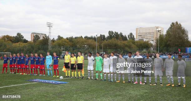 The two teams line up ahead of the UEFA Youth League match between CSKA Moskva U19s and Manchester United U19s at Oktyabr Stadium on September 27,...