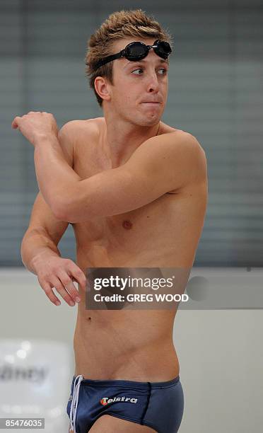 Australian swimmer Nick D�Arcy prepares to train prior to the start of competition on day-two of the Australian Swimming Championships in Sydney on...