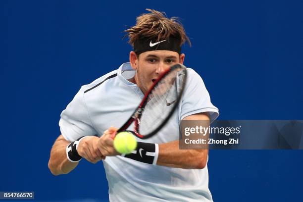 Jared Donaldson of the United States returns a shot during the match against Kyle Edmund of Great Britain during Day 3 of 2017 ATP Chengdu Open at...