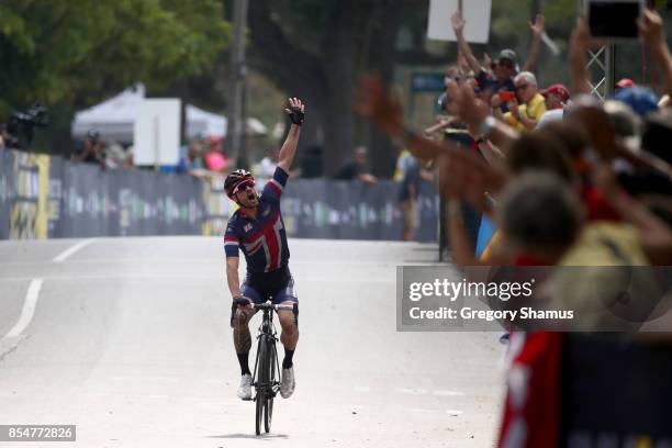 Karl Allen-Dobson of the United Kingdom celebrates winning gold after competing in the Men's Road Cycling IRB2 Criterium Final during the Invictus...