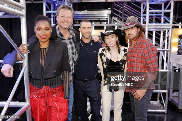 Blind Auditions" Episode 1302 -- Pictured: Jennifer Hudson, Blake Shelton, Adam Levine, Miley Cyrus, Billy Ray Cyrus --