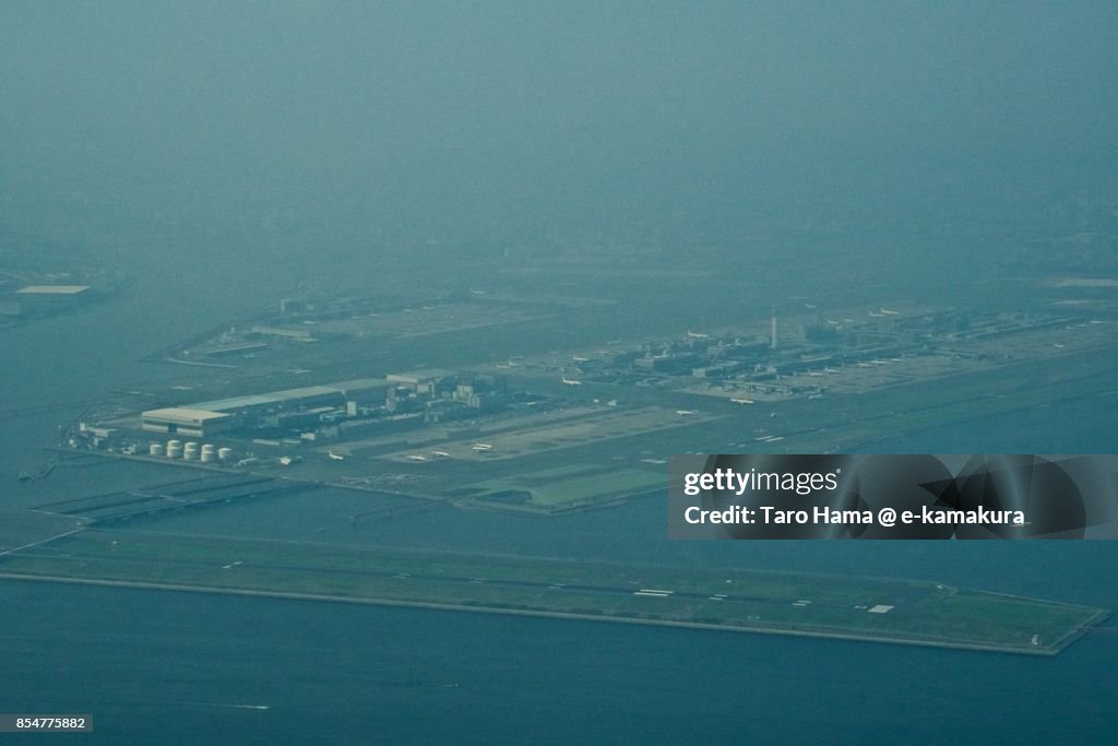 Tokyo Haneda International Airport daytime aerial view from airplane