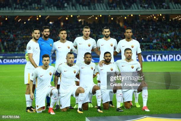 Players of AS Roma pose for a photo ahead of the UEFA Champions League Group C football match between Qarabag FK and AS Roma in Baku, Azerbaijan on...