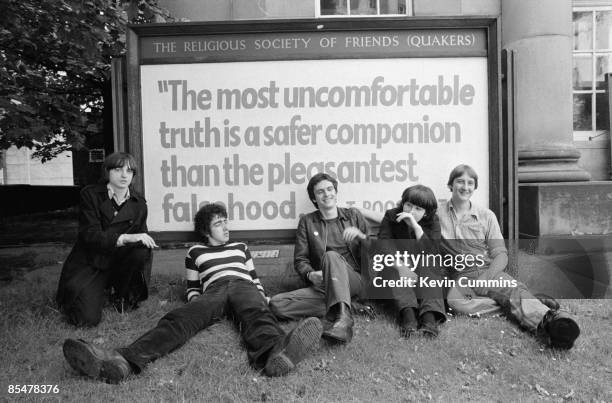 English rock group The Fall, outside a Quaker Meeting house, Manchester, 1978. Left to right: singer and lyricist Mark E. Smith, drummer Karl Burns,...