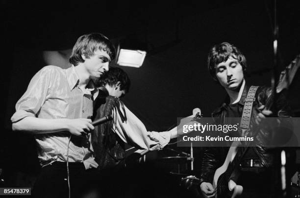 Singer and lyricist Mark E. Smith and bassist Tony Friel, of English rock group The Fall, performing at the Electric Circus, Manchester, 2nd October...