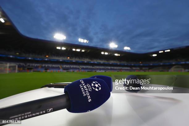 Champions League microphone is pictured prior to the UEFA Champions League group B match between RSC Anderlecht and Celtic FC at Constant Vanden...