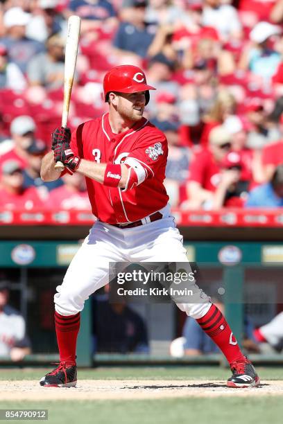 Patrick Kivlehan of the Cincinnati Reds takes an at bat during the game against the Boston Red Sox at Great American Ball Park on September 24, 2017...