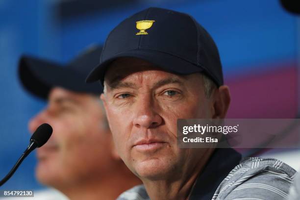 Captain's assistant Davis Love III of the U.S. Team attends a press conference during practice rounds prior to the Presidents Cup at Liberty National...