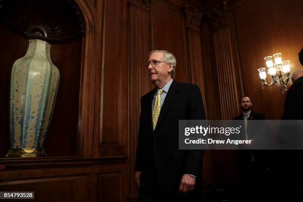 Senate Majority Leader Mitch McConnell arrives for a news conference to discuss their plans for tax reform, September 27, 2017 in Washington, DC. On...