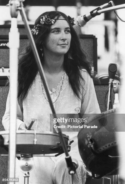 Christina 'Licorice' McKechnie, of English pop group The Incredible String Band, performing at the Woodstock Music Festival, Bethel, New York, 15th...