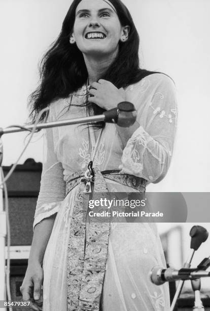 Christina 'Licorice' McKechnie, of English pop group The Incredible String Band, performing at the Woodstock Music Festival, Bethel, New York, 15th...