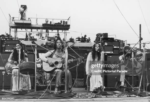 English pop group The Incredible String Band, performing at the Woodstock Music Festival, Bethel, New York, 15th August 1969. Left to right: Rose...
