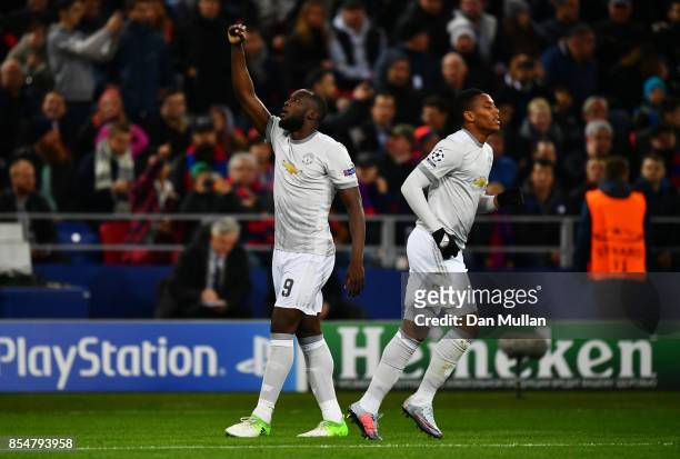 Romelu Lukaku of Manchester United celebrates after scoring his sides first goal during the UEFA Champions League group A match between CSKA Moskva...