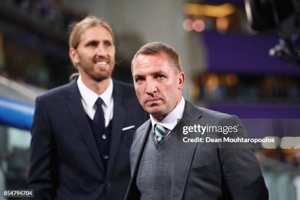 Nicolas Frutos, Interim Manager of RSC Anderlecht and Brendan Rodgers manager of Celtic prior to the UEFA Champions League group B match between RSC...