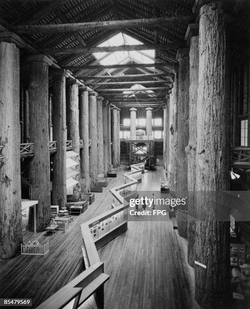 The interior of the Forestry Building in the World Forestry Center, Washington Park, Portland, Oregon, circa 1950. Built for the 1905 Lewis and Clark...