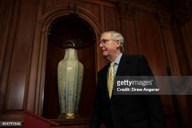 Senate Majority Leader Mitch McConnell arrives for a news conference to discuss their plans for tax reform, September 27, 2017 in Washington, DC. On...