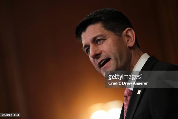 Speaker of the House Paul Ryan speaks during a press event to discuss the GOP plans for tax reform, September 27, 2017 in Washington, DC. On...