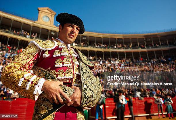 Spanish torero Francisco Rivera Ordonez stands in the bullring prior to performing in a bullfight at the Plaza Valencia bullring on March 17, 2009 in...