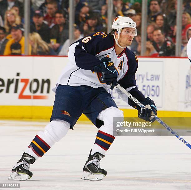 Ron Hainsey of the Atlanta Thrashers skates against the Buffalo Sabres on March 14, 2009 at HSBC Arena in Buffalo, New York.