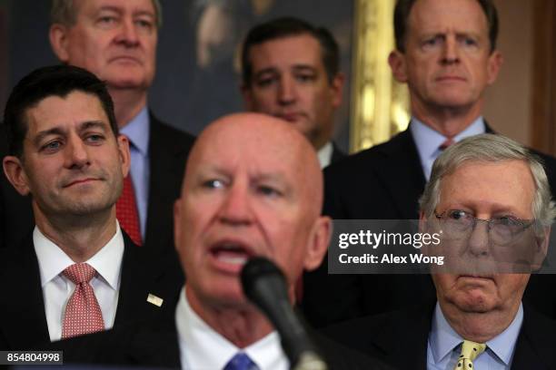 Rep. Kevin Brady speaks as Speaker of the House Rep. Paul Ryan , Senate Majority Leader Sen. Mitch McConnell and other congressional Republicans...