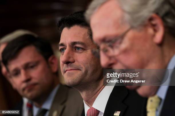 Speaker of the House Paul Ryan and Senate Majority Leader Mitch McConnell looks on during a press event to discuss their plans for tax reform,...